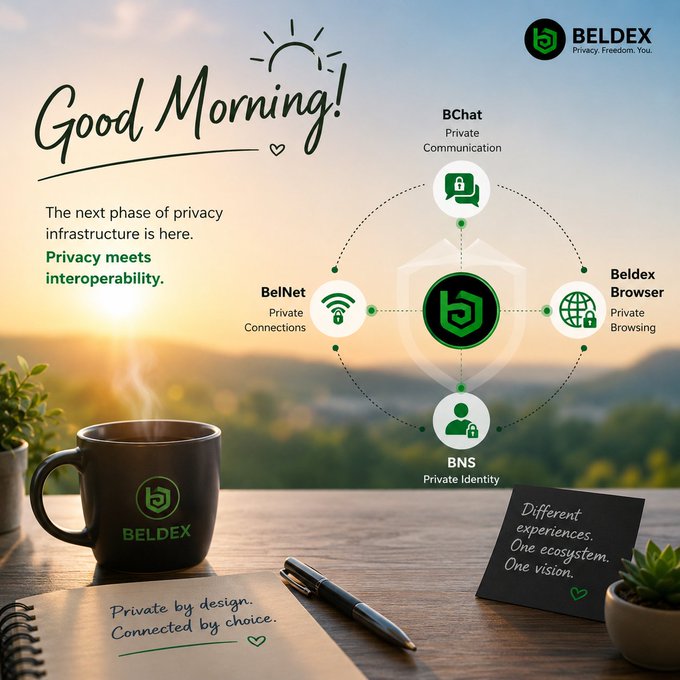A warm "Good Morning!" greeting from Beldex featuring a coffee mug and notepad beside a diagram showcasing its privacy ecosystem—including BChat (Private Communication), BelNet (Private Connections), Beldex Browser (Private Browsing), and BNS (Private Identity)—all unified under the message "Privacy meets interoperability" and "Different experiences. One ecosystem. One vision."