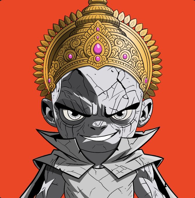 A cartoon illustration of a cracked stone character wearing an ornate golden crown with pink gemstones, set against a red background with a sly smile.