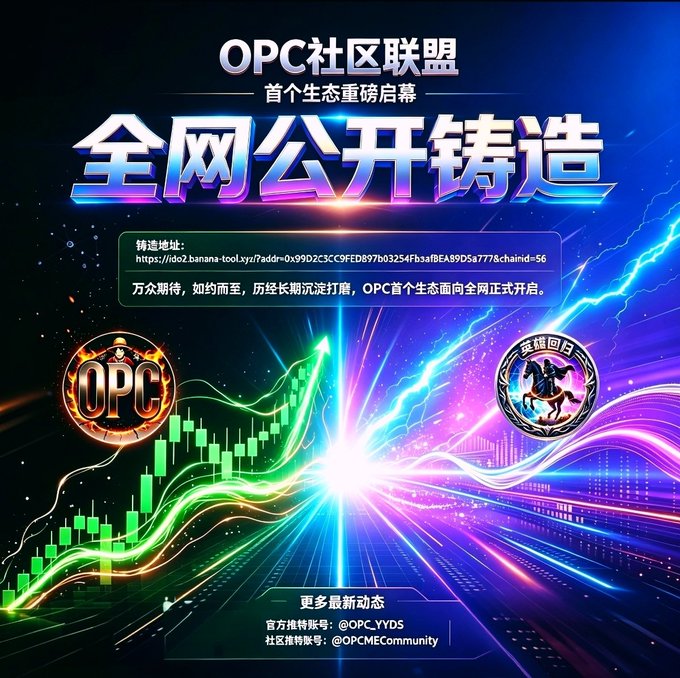 Another promotional graphic in Chinese announcing 'OPC社区联盟' (OPC Community Alliance) and '全网公开铸造' (Public Minting), featuring a link to ido2.banana-tool.xyz and trading data.