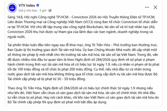A Vietnamese Facebook post from VTV Index dated 3 days ago discussing the Conviction 2026 conference in Ho Chi Minh City and Decree 284/2026 regarding blockchain and digital asset regulations.