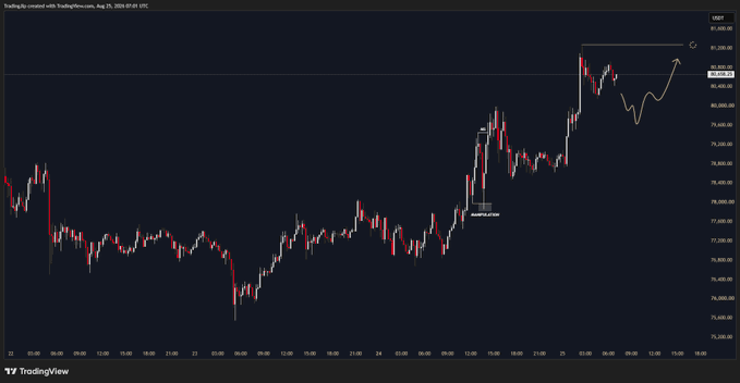 A TradingView chart of BTC/USD (USDT) around the $80,600 level, annotated with a white plan showing a "Liquidity grab" near the swing low and projected price action moving back up to retest the $82,300 high—illustrating the trader's anticipated bullish continuation plan for the day.