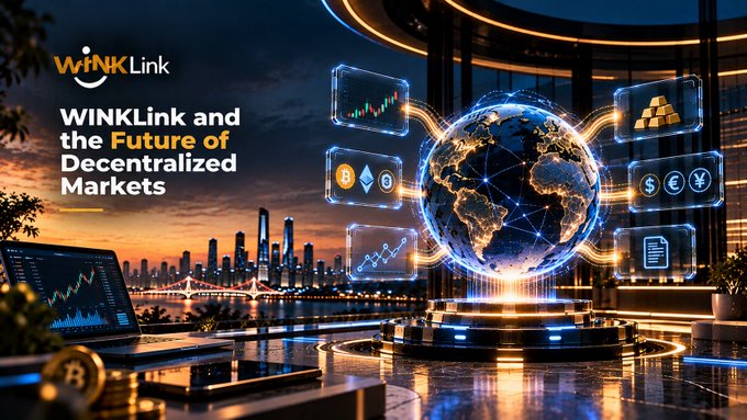 A promotional banner for 'WINKLink' reads 'WINKLink and the Future of Decentralized Markets' alongside a futuristic 3D rendering of a glowing globe, cryptocurrency symbols, and a cityscape.