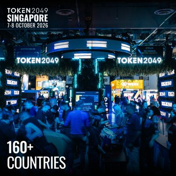 A promotional graphic for 'TOKEN2049 SINGAPORE' conference on '7-8 OCTOBER 2025' shows a crowded event space with '160+ COUNTRIES' text at the bottom.