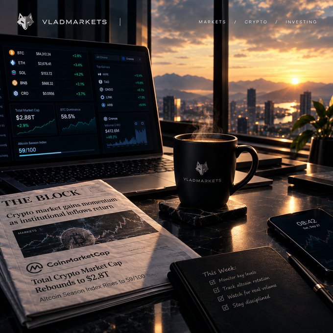 A branded VladMarkets scene featuring a laptop displaying crypto prices (BTC, ETH, SOL, BNB, CRO), a steaming mug, a newspaper headline reading 'Crypto market gains momentum as institutional inflows return,' and a checklist by a sunset skyline.
