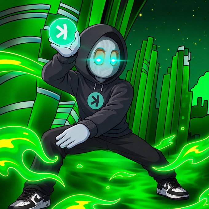 A hooded figure with a white mask and glowing cyan eyes holds up a green Kaspa (KAS) token, standing in a powerful stance amid a neon green futuristic cityscape. The masked avatar and KAS token imagery visually reinforce the post's call for deeper investigation into $KAS as a transformative, adoption-driven project.