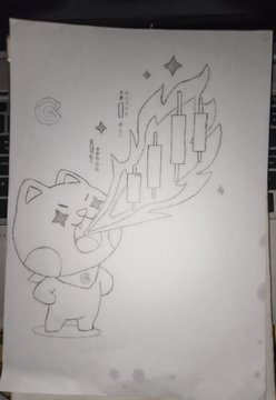 A black-and-white line drawing on paper of a chibi-style cat character breathing fire with floating candles, featuring Japanese text.