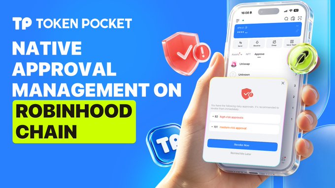 A promotional image announces "TOKEN POCKET" featuring "NATIVE APPROVAL MANAGEMENT ON ROBINHOOD CHAIN" in bold text, alongside a hand holding a smartphone displaying an app interface for revoking token approvals.