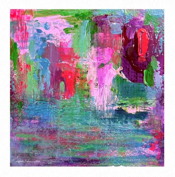 An abstract painting with vibrant, textured brushstrokes in shades of pink, purple, green, and red.