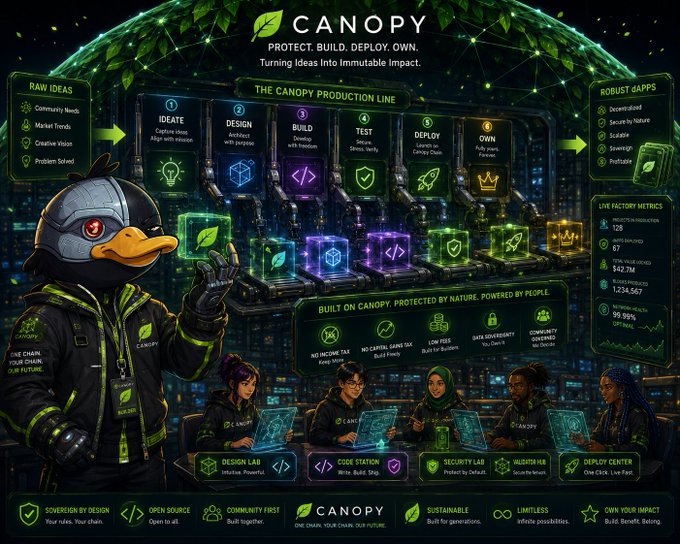 The image showcases the Canopy ("CNPY Network") ecosystem, featuring a penguin mascot in tactical gear alongside a six-stage production line (Ideate, Design, Build, Test, Deploy, Own) that transforms raw ideas into robust apps, with key stats like $42.7M token produced, 1,234,567 blocks produced, and 99.99% network uptime—visually reinforcing the post's emphasis on Canopy's launch-ready security, scalability, and built-in features.