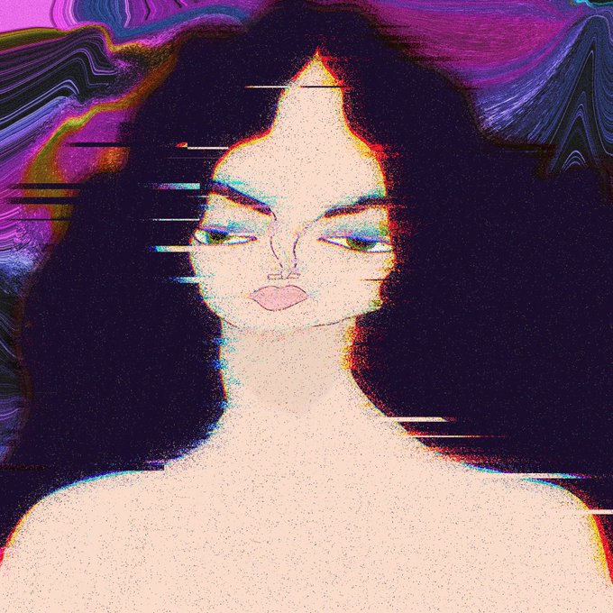 A stylized digital artwork of a woman with dark hair, blue eyeshadow, and pink lips against a glitchy purple and black background with horizontal static lines.