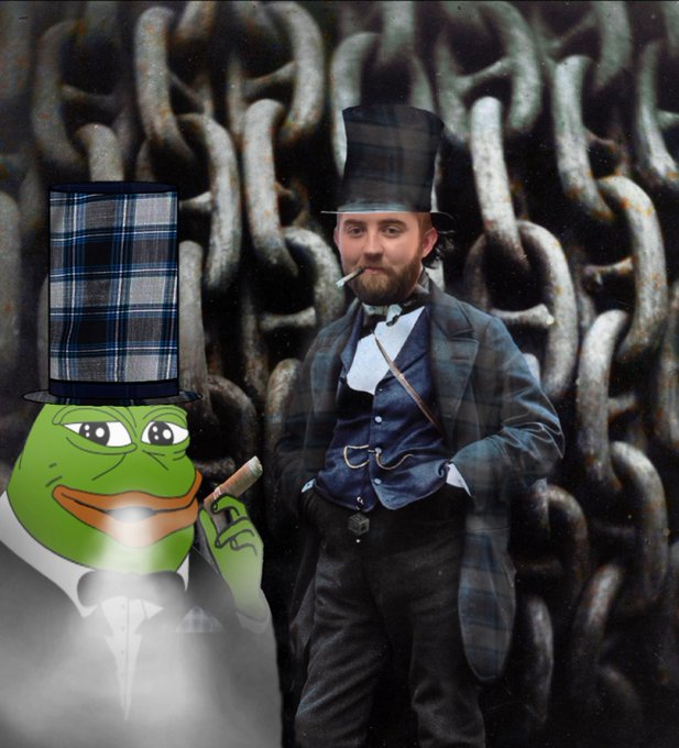 A digital composite shows a green Pepe the Frog character in a top hat and tuxedo smoking a cigar, placed next to a man in Victorian clothing also wearing a top hat and smoking a cigar, against a backdrop of chains.