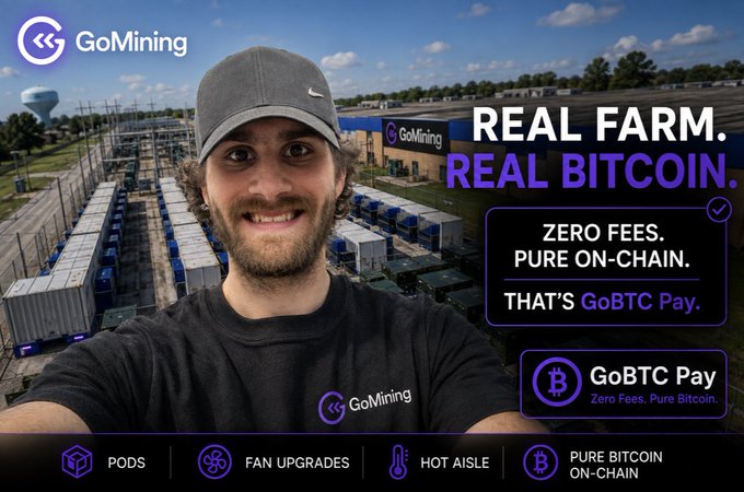 A selfie of a man in a GoMining cap at a Bitcoin mining facility, with promotional text reading 'REAL FARM. REAL BITCOIN.', 'ZERO FEES. PURE ON-CHAIN. THAT'S GoBTC Pay.', and labels for 'PODS', 'FAN UPGRADES', 'HOT AISLE', and 'PURE BITCOIN ON-CHAIN'.