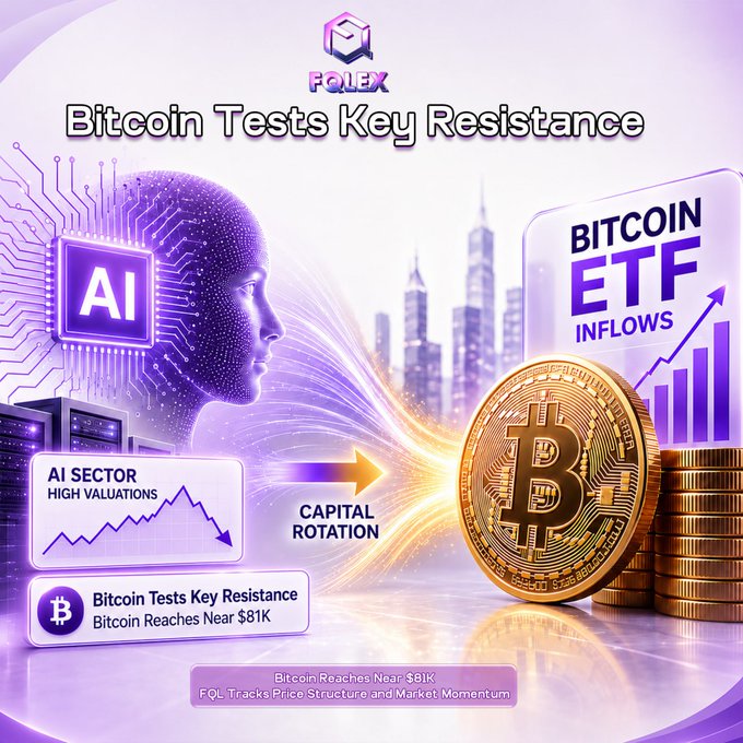 The image is a promotional graphic from FQL Exchange titled "Bitcoin Tests Key Resistance," featuring a glowing AI head and Bitcoin coins, with text highlighting that "Bitcoin Reaches Near $81K," "AI Sector High Valuations," and "Bitcoin ETF Inflows," visually representing the capital rotation from AI stocks to Bitcoin discussed in the accompanying post about the 50-week moving average acting as resistance.