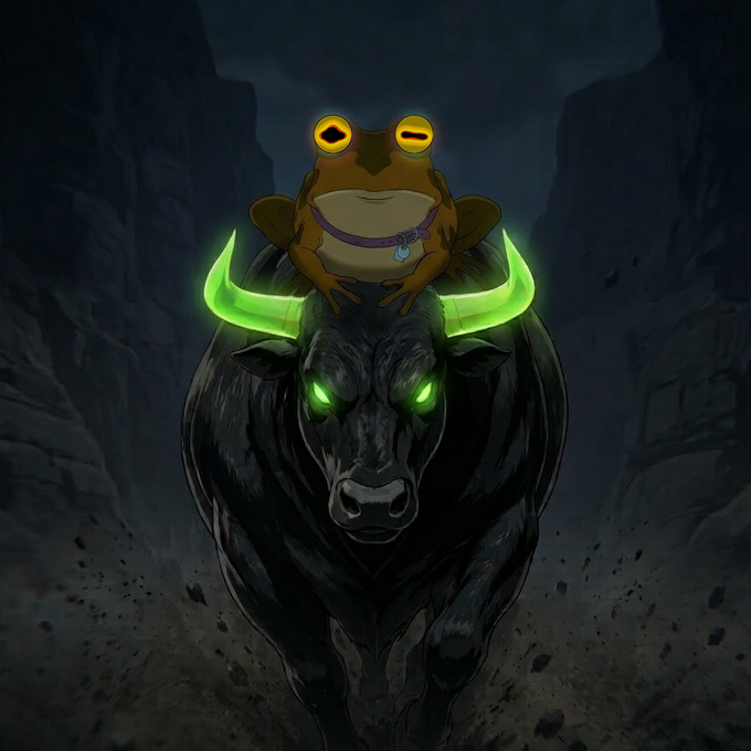A digital illustration depicts a large black bull with glowing green eyes and horns charging forward in a dark canyon. A cartoonish brown frog with glowing yellow eyes sits on the bull's head.