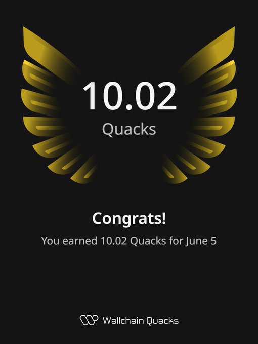 The image features a black background with a yellow bird logo on the left side, which appears to be a trophy or award, possibly representing the player's high score or ranking within an online game or streaming platform. The text "Just earned 10.02 Quacks" is visible in the image, indicating that the player has reached a milestone or achieved something significant related to their gaming experience. Additionally, there are two mentions of "@wallchainQuacks" and a "rewards" caption, suggesting that the player may have been mentioned or recommended by others for their accomplishments on this platform, or they could be receiving some type of recognition or benefit from being a part of the community. Overall, the image captures an exciting moment in a gaming context where players are recognized for their achievements and progress within a virtual environment.