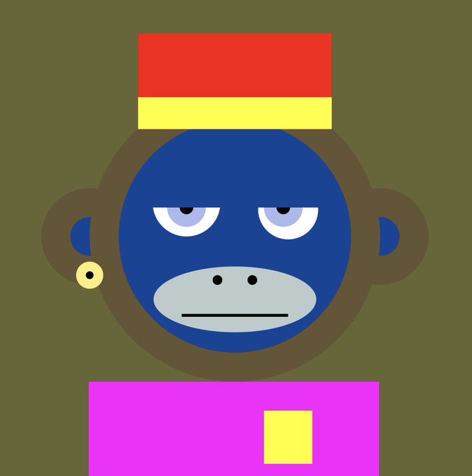 A minimalist, flat-vector cartoon illustration of a blue-faced monkey character wearing a red and yellow hat, a gold earring, and a pink shirt with a yellow square, set against an olive green background.