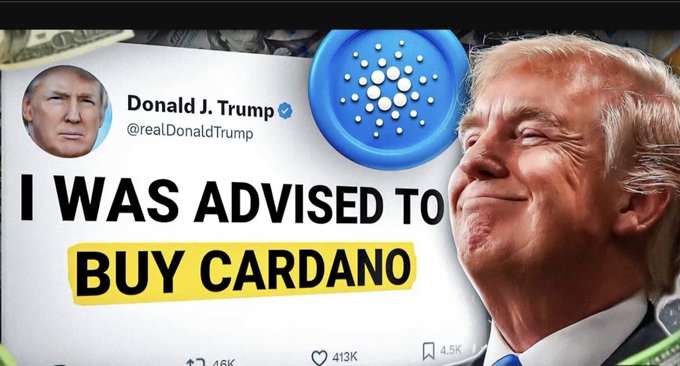 The image features a man with a large smile, wearing a suit and tie, standing next to a sign that reads "I was advised to buy cardano". The text on the sign suggests that someone advised Donald Trump to invest in Bitcoin or Cardano, possibly as an investment strategy.