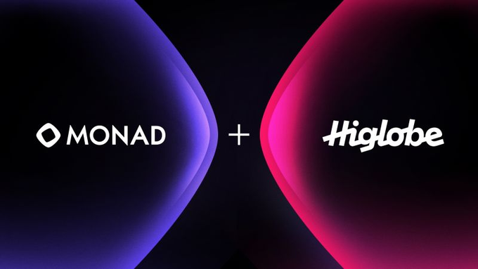 Promotional image showing the MONAD logo on the left and Higlobe on the right, separated by a plus sign between blue and pink glowing shapes.