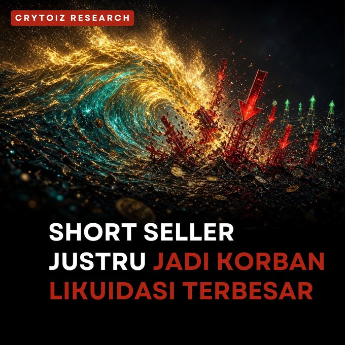 A dramatic Cryptoiz Research graphic titled 'SHORT SELLER JUSTRU JADI KORBAN LIKUIDASI TERBESAR' depicting a fiery tsunami wave crashing over red downward arrows and cryptocurrency coins.