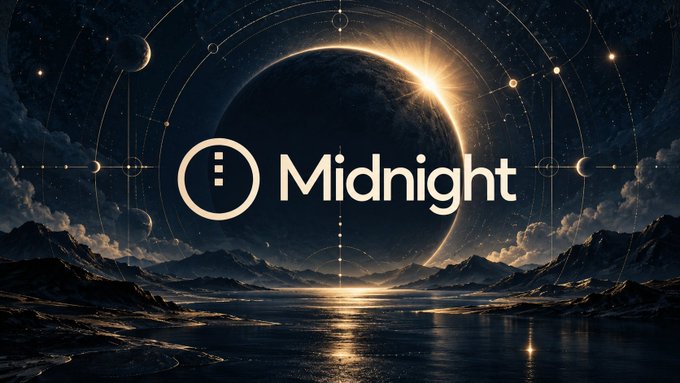 Promotional graphic with the text "Midnight" displayed over a cosmic scene featuring a large planet, celestial rings, and a reflective water surface.