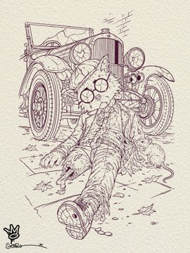 A pencil sketch illustration of an anthropomorphic mouse or rat character wearing round glasses and overalls, sitting on the ground in front of a vintage car, signed by the artist.