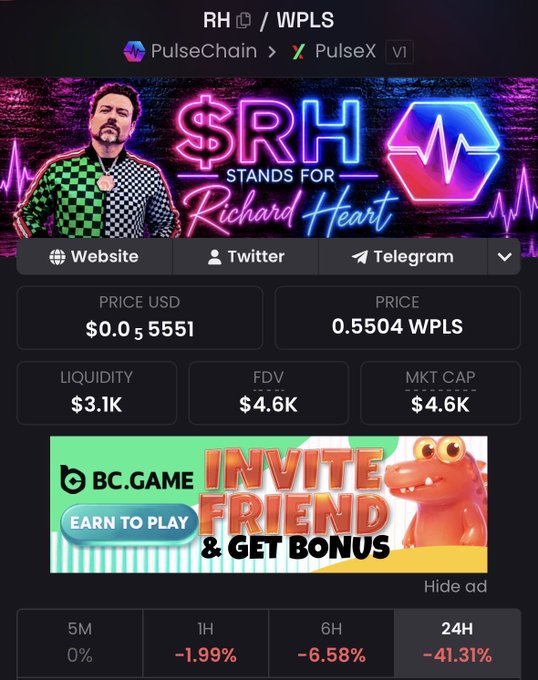 A cryptocurrency tracking page displaying '$RH STANDS FOR Richard Heart' branding, showing PulseChain and PulseX tokens with a price of $0.05551 USD, 0.5504 WPLS, and significant 24-hour decline of -41.31%.