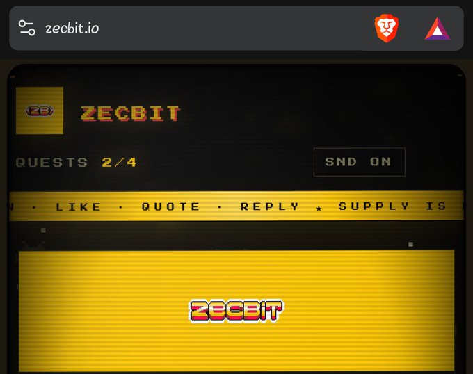 A screenshot of the zecbit.io website displaying a pixelated yellow and black 'ZECBIT' logo with text 'QUESTS 2/4' and a navigation bar showing 'LIKE, QUOTE, REPLY, SUPPLY.'