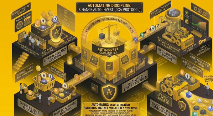 A complex 3D isometric infographic on a yellow background titled 'AUTOMATING DISCIPLINE: BINANCE AUTO-INVEST (DCA PROTOCOL)', detailing various features like 'STRATEGY ALLOCATION' and 'FINALIZED ACCUMULATION STRATEGY'.