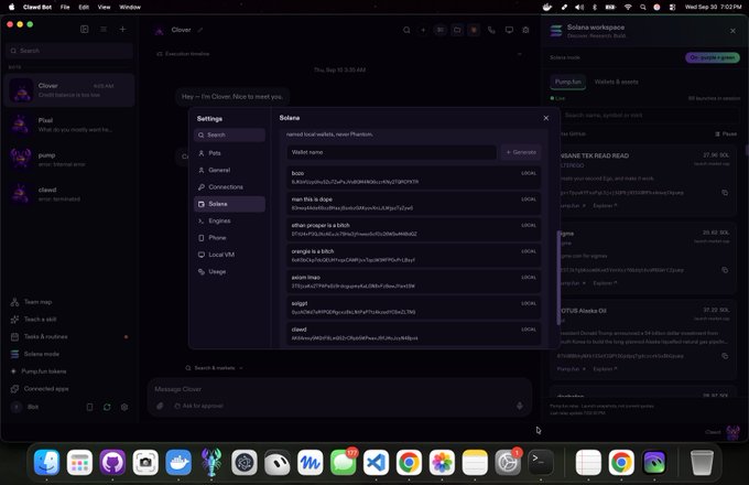 A macOS desktop screenshot showing the Claude AI interface with a Solana RPC endpoints settings panel open, displaying wallet names like 'bozo', 'man this is huge', 'ether goggles', 'orange is a bitch', 'aecum max', 'solgirl', and 'clawed'.