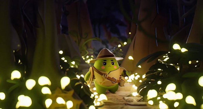 A 3D-rendered scene of a small, cute green character wearing a brown explorer's hat and backpack, standing on a path in a dark forest illuminated by glowing yellow mushrooms.