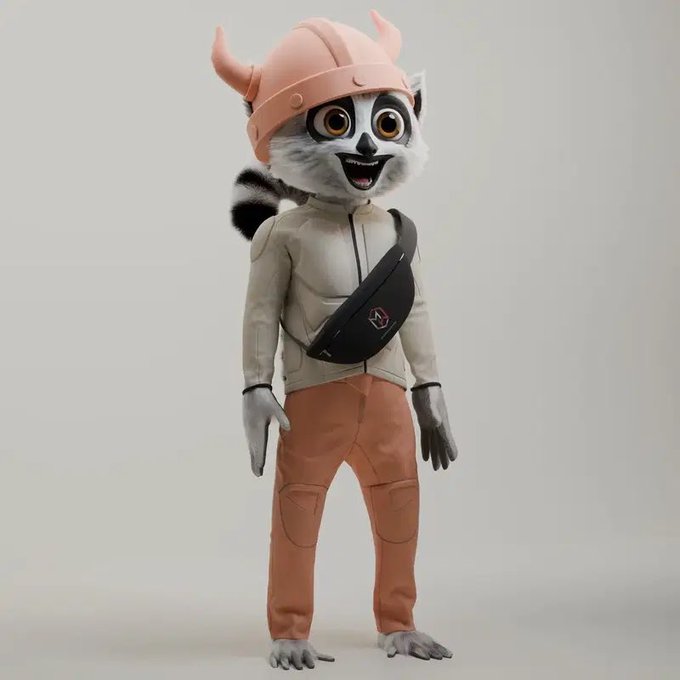 An anthropomorphic lemur character with wide eyes wearing a pink horned helmet, beige jacket, and orange pants, accessorized with a black crossbody bag.
