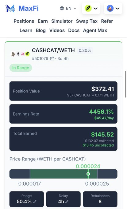 A MaxFi app interface displaying a CASHCAT/WETH liquidity position with a position value of $372.41 and an earnings rate of 4456.1%.