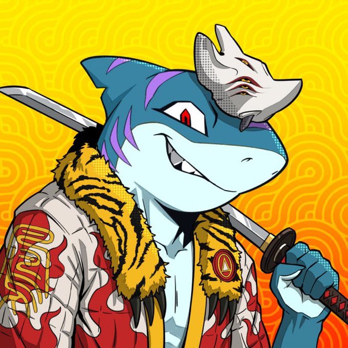 The image features a cartoon shark character with a sword, dressed in traditional Japanese clothing. The shark has its head tilted back and appears to be smiling or making a funny face while holding the sword. The background of the image is yellow, which complements the blue color of the shark's eyes and mouth. There are also some text elements present in the image, such as "Turc x The Ghost let's destroy this collab", "I will give away 2 GTD 4 FCFS Follow @TurcNFT & @theghost_alb RT & Like this tweet Tag 2 friend and share wallet Good luck!", and "24h". These elements contribute to the overall composition of the image, creating a sense of humor or surprise related to the post.