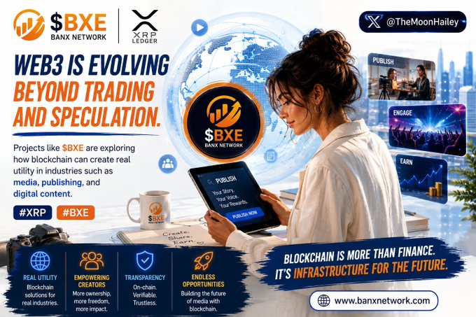 The image is a promotional graphic for Banx Network ($BXE) and XRP Ledger featuring a woman using a tablet displaying "Publish Your Story, Your Voice, Your Rewards," with text highlighting "Web3 is evolving beyond trading and speculation" and listing real utility, empowering creators, transparency, and endless opportunities as key features—directly reinforcing the post's message about blockchain's expanding role in media and content industries.