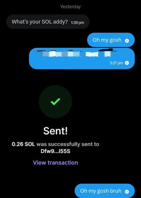A screenshot of a messaging app conversation from 'Yesterday' where a user asks 'What's your SOL addy?' and another replies 'Oh my gosh' before sending 0.26 SOL successfully to address Dfw9...i55S.
