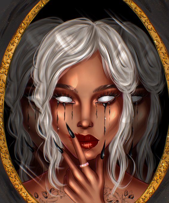 A digital painting depicts a woman with long white hair, glowing tears, and black nails, viewed through an ornate gold mirror frame.