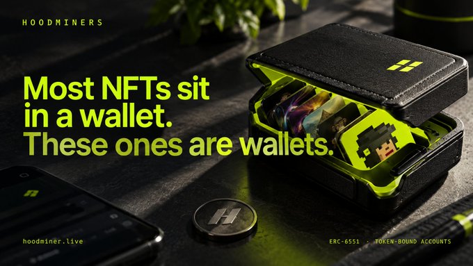An advertisement for "HOODMINERS" showing a black wallet opening to reveal collectible cards, with text reading "Most NFTs sit in a wallet. These ones are wallets."