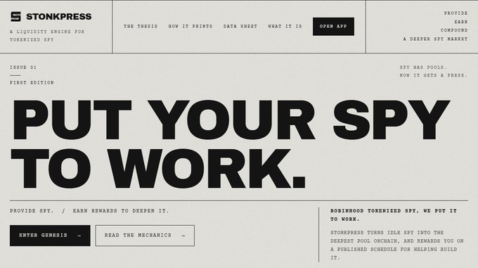 The image shows a Stonkpress landing page with the bold headline "PUT YOUR SPY TO WORK," promoting tokenized SPY as a liquidity engine for DeFi, with sections for "Provide," "Earn," and "Compound a Deeper SPY Market." This visually reinforces the post's message that simply tokenizing SPY onchain isn't enough—Stonkpress claims to address the harder challenge of building deep liquidity and efficient markets around it by offering DeFi composability through providing, earning, and compounding mechanisms.