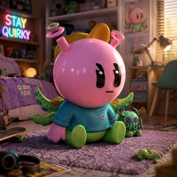 A 3D-rendered image of a pink, cute alien-like character with yellow flower petals and a teal 'Q' shirt sitting on a purple shag rug in a bedroom with a neon 'STAY QUIRKY' sign.
