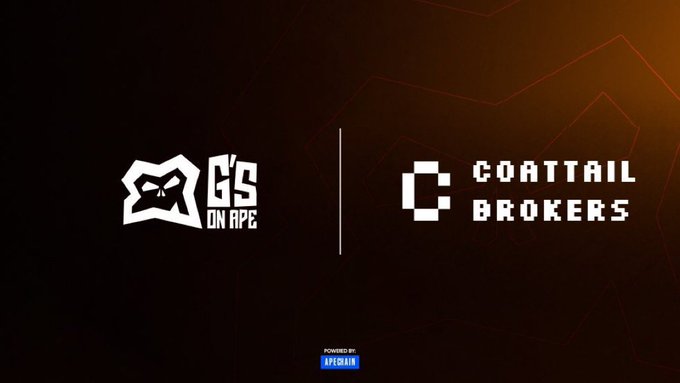 The image displays a promotional graphic featuring two logos side by side against a dark background with red star outlines. On the left is the "Geez on Ape" logo, showing a stylized gorilla face with "GS" lettering, and on the right is the "Coattail Brokers" logo with a distinctive "C" emblem. A vertical line separates the two logos, and at the bottom center, a small badge reads "POWERED BY APECHAIN," reinforcing the post's announcement of a cross-chain collaboration between Geez On Ape and Coattail Brokers launching on ApeChain.