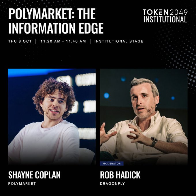 Promotional graphic for a TOKEN2049 Institutional panel titled "Polymarket: The Information Edge" featuring Shayne Coplan (Polymarket) and moderator Rob Hadick (Dragonfly), scheduled for Thu 8 Oct, 11:20 AM–11:40 AM on the Institutional Stage. The image visually corresponds to the post by displaying the event title, date, time, and photos of both speakers alongside their names and affiliations.