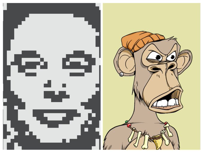 A side-by-side comparison of a pixel art face next to a cartoon chimpanzee wearing an orange beanie and bone necklace.