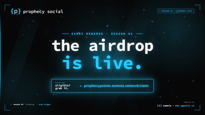The image features a poster with blue neon text that reads "the airdrop is live." The poster also includes a website address, which is likely a social media platform or an online rewards system for followers of @ProphecySocial.
