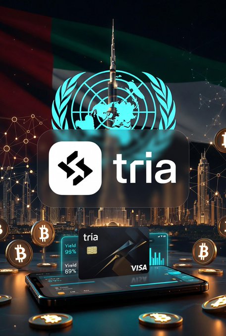 The image features an advertisement for a cryptocurrency called Tria. The background of the image shows a city skyline at night, with the United Nations building prominently displayed among the buildings. The text "Tria" is written in white letters on a black background, while the word "UN" and "VISA" are also visible. The post includes an image of a smartphone displaying Tria's logo and a Bitcoin symbol, along with some coins scattered around it.