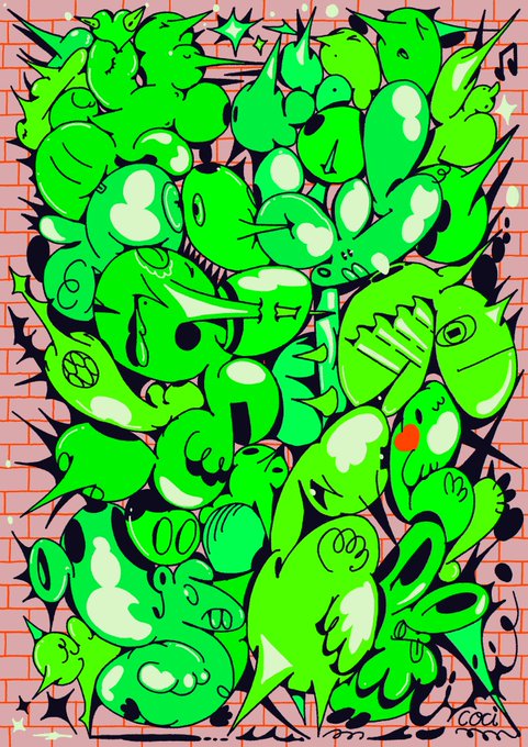 A vibrant, cartoon-style graffiti artwork featuring a dense cluster of bright green, bulbous characters and creatures squeezed together against a pink brick wall.