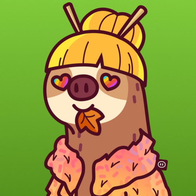 A cartoon illustration of a cute sloth character with rainbow heart eyes, knitting needles in its hair, and a leaf in its mouth, set against a green background.