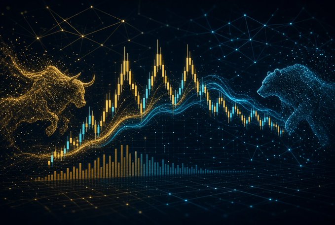 A digital art image featuring a stock market chart with a golden bull on the left and a blue bear on the right, with candlestick patterns and wave lines set against a dark blue background with network-like patterns.