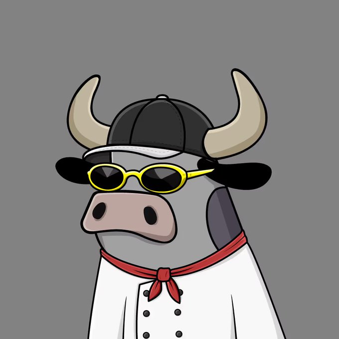 A cartoon cow wearing a black cap, yellow sunglasses, a red bandana, and a white chef's coat against a gray background.