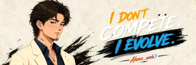 The image features a cartoon character with brown hair wearing a suit and tie, standing against a gray background. The text "I don't compete. I evolve." is written above the character's head, and there are two additional lines of text below the main one that reads "@NomismaNetwork making privacy make sense without breaking compliance, took someone long enough @useTria fixing all those annoying little breaks nobody wants to talk about have an amazing rest of your day!".