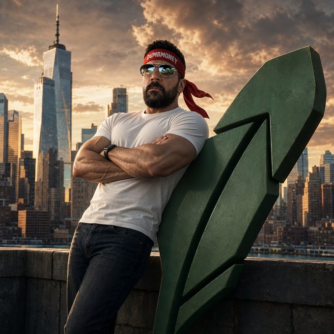 A man wearing sunglasses, a red 'DUMB MONEY' headband, and a white t-shirt leans against a large green arrow pointing upwards, with a city skyline at sunset in the background.